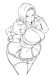 1girl android_18 apron ass blonde_hair blue_eyes breasts cleavage cowboy_shot curvy dragon_ball dragon_ball_super dragonball_z facing_viewer female_focus huge_breasts large_breasts lineart looking_at_viewer mature_female naughty_face nipples pinkpawg simple_background solo standing thighhighs waist_apron waitress_uniform white_background wrist_cuffs zettai_ryouiki