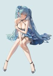 Rule 34 | 1girl, absurdres, bare legs, bare shoulders, black footwear, blue background, blue dress, blue flower, blue hair, blush, breasts, cleavage, closed mouth, collarbone, dress, flower, goddess of victory: nikke, hair between eyes, hair flower, hair ornament, halter dress, halterneck, hand on own arm, high heels, highres, invisible chair, knees together feet apart, large breasts, long hair, orange eyes, panties, panty peek, privaty (banquet princess) (nikke), privaty (nikke), short dress, sidelocks, simple background, sitting, solo, twintails, underwear, v-shaped eyebrows, very long hair, white panties, xi xeong