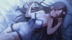 Rule 34 | 1girl, bare arms, bare shoulders, black hair, blush, breasts, cleavage, closed mouth, collarbone, commission, frills, garter straps, hair ornament, hand in own hair, highres, large breasts, long hair, looking at viewer, lying, mohaka (m 0haka), multicolored hair, nightgown, on back, original, parted bangs, paw hair ornament, pillow, pink hair, red eyes, solo, thighhighs, thighs, white nightgown, white thighhighs