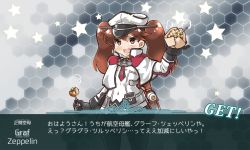 Rule 34 | 1girl, :d, alternate costume, black pantyhose, brown eyes, brown hair, capelet, commentary request, cosplay, food, gameplay mechanics, graf zeppelin (kancolle), graf zeppelin (kancolle) (cosplay), hat, hexagon, holding, honeycomb (pattern), honeycomb background, honeycomb pattern, kantai collection, long hair, looking at viewer, machinery, open mouth, pantyhose, peaked cap, pun, ryuujou (kancolle), smile, solo, star (symbol), starry background, takoyaki, tanaka kusao, translation request, twintails
