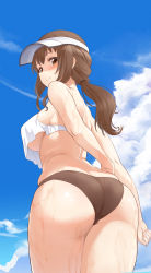 Rule 34 | 1girl, absurdres, alice gear aegis, arms behind back, ass, bikini, blue sky, blush, breasts, brown bikini, brown eyes, brown hair, cloud, day, from behind, hat, highres, large breasts, long hair, looking at viewer, looking back, low twintails, mismatched bikini, outdoors, sky, solo, swimsuit, twintails, underboob, unpasu, visor cap, wading, water, wet, white bikini, white hat