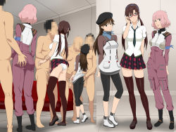 Rule 34 | 3girls, 4boys, adjusting eyewear, age difference, ahoge, arm grab, ass, ass grab, black eyes, black footwear, black legwear, black neckwear, blue eyes, blunt bangs, boots, breasts, brown hair, brown legwear, censored, closed mouth, clothed female nude male, clothes lift, completely nude, cottage, couch, eyebrows, faceless, faceless male, facing viewer, feet, full body, glasses, groping, group sex, hair ornament, hairband, hand on own hip, handjob, hat, hetero, highres, identity censor, indoors, jumpsuit, kitakami midori, large breasts, legs, lips, long hair, long sleeves, looking at viewer, makinami mari illustrious, male pubic hair, medium breasts, molestation, mosaic censoring, multiple boys, multiple girls, necktie, neon genesis evangelion, nude, orgy, panties, penis, pink hair, plaid, plaid skirt, pleated skirt, pubic hair, red-framed eyewear, school uniform, semi-rimless eyewear, sequential, shoes, short hair, short sleeves, skirt, skirt lift, standing, suzuhara sakura, thighhighs, thighs, twintails, under-rim eyewear, underwear, white footwear, white panties, zettai ryouiki
