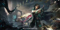 Rule 34 | 2girls, absurdres, artist name, blue eyes, bracelet, breasts, chinese commentary, cleavage, cloud, cloudy sky, earrings, fighting, fog, green hair, guoguoguovia, highres, holding, holding sword, holding weapon, incoming attack, irelia, jewelry, league of legends, long hair, looking ahead, looking to the side, medium breasts, multiple girls, multiple swords, official alternate costume, official alternate hairstyle, outdoors, red eyes, riven (league of legends), rock, ruins, sentinel irelia, sentinel riven, signature, sky, standing, sword, weapon, white hair