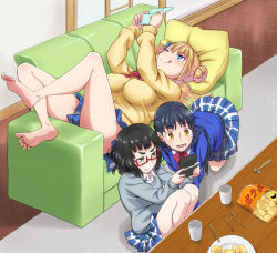 Rule 34 | 10s, 3girls, :d, ;q, all fours, asymmetrical hair, bad id, bad pixiv id, barefoot, black hair, blazer, blonde hair, blue eyes, blunt bangs, breasts, cardigan, clenched teeth, couch, eyebrows, feet, food, galko, glasses, green eyes, hair bun, hair ornament, handheld game console, indoors, jacket, large breasts, legs up, licking lips, long hair, lying, multiple girls, nintendo 3ds, ojou (galko), on back, on floor, one eye closed, one side up, open mouth, oshiete! galko-chan, otako (galko), plaid, plaid skirt, playing games, pleated skirt, red-framed eyewear, school uniform, scrunchie, short hair, side bun, single side bun, sitting, skirt, smile, soles, spread toes, sweat, sweatdrop, sweater, table, teeth, ten piboshi, thick eyebrows, thighs, toes, tongue, tongue out, yellow eyes