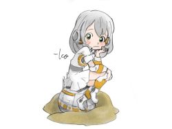 Rule 34 | 1girl, :|, animification, bb-8, blush, closed mouth, commentary, dress, green eyes, grey hair, hand on own knee, head rest, long hair, looking at viewer, personification, sand, signature, simple background, sitting, solo, star wars, star wars: the force awakens, takeuchi kou, white background, white dress