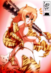 Rule 34 | 1girl, aida kan mori, animal print, ass, bikini, bikini pull, bikini top only, blonde hair, breasts, cat, clothes pull, club, club (weapon), elbow gloves, fang, gloves, green eyes, horns, huge breasts, kanabou, large breasts, long hair, looking back, oni, orange hair, original, pulling another&#039;s clothes, sideboob, solo, swimsuit, tiger print, underboob, weapon