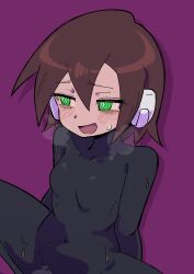 Rule 34 | 1girl, absurdres, aile (mega man zx), black bodysuit, blush, bodysuit, breasts, breath, brown hair, buzzlyears, covered collarbone, covered navel, green eyes, highres, mega man (series), mega man zx, open mouth, paid reward available, purple background, ringed eyes, robot ears, short hair, simple background, small breasts, solo, spread legs