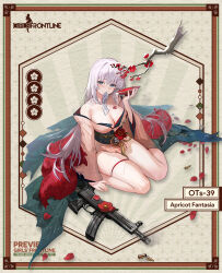 Rule 34 | 1girl, aqua kimono, black sash, blue eyes, blush, border, bottle, branch, breasts, bullet, character name, cleavage, closed mouth, commentary, copyright name, cup, english commentary, feather boa, feathers, floral print, floral print kimono, flower, flower request, full body, girls&#039; frontline, gradient kimono, gun, hair down, highres, holding, holding cup, japanese clothes, kimono, large breasts, long hair, looking at viewer, mouth hold, obi, official alternate costume, official art, ofuda, ots-39, ots-39 (apricot fantasia) (girls&#039; frontline), ots-39 (girls&#039; frontline), pink kimono, print kimono, red feathers, red flower, red petals, sakazuki, sake bottle, sash, second-party source, shell casing, sitting, smoke, smoking gun, solo, spilling, submachine gun, thigh strap, torn clothes, torn kimono, very long hair, wariza, weapon, weapon on floor, white hair, wumumu