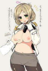 Rule 34 | 10s, 1girl, bad id, bad pixiv id, black pantyhose, blush, breasts, brown hair, clothes lift, epaulettes, gloves, grabbing, grabbing another&#039;s breast, grabbing another's breast, green eyes, guided breast grab, guiding hand, heart, huge breasts, itou life, kantai collection, katori (kancolle), large breasts, looking at viewer, military, military uniform, miniskirt, navel, nipples, no eyewear, open clothes, open mouth, open shirt, pantyhose, shirt, shirt lift, simple background, skirt, smile, solo focus, translation request, uniform