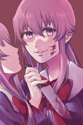 Rule 34 | 2girls, blood, blood on clothes, blood on face, bloody weapon, bow, bowtie, faceless, faceless female, gasai yuno, hair between eyes, highres, holding, holding knife, kakino nashiko, knife, long hair, mirai nikki, multiple girls, parted lips, pink eyes, pink hair, purple shirt, red background, red bow, red neckwear, sailor collar, school uniform, shirt, smile, upper body, weapon, white sailor collar