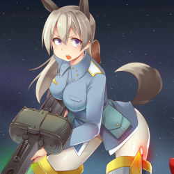 Rule 34 | 1girl, animal ears, blonde hair, breasts, eila ilmatar juutilainen, gradient background, gun, machine gun, night, night sky, open mouth, outdoors, pantyhose, purple eyes, sky, solo, star (sky), strike witches, striker unit, tail, victor (tama e akira), weapon, white pantyhose, world witches series