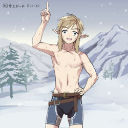 Rule 34 | 1boy, armpits, belt, blue eyes, blue shorts, brown belt, commentary, cowboy shot, groin, index finger raised, light brown hair, link, male focus, monbetsu kuniharu, mountain, navel, nintendo, no nipples, open mouth, pectorals, pine tree, pointy ears, shorts, sidelocks, smile, snow, snowing, solo, sweat, the legend of zelda, the legend of zelda: breath of the wild, tight clothes, topless male, translated, tree, wall-eyed