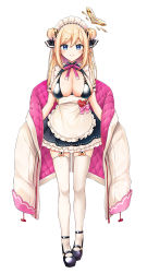 Rule 34 | 1girl, amatsuka ramie, apron, arm garter, arms at sides, bare shoulders, black bra, black dress, black footwear, black ribbon, blonde hair, blue eyes, blush, bow, bra, braid, braided bun, breastless clothes, breasts, cleavage, closed mouth, coat, commentary request, double bun, dress, finger to cheek, frills, full body, garter straps, hair bun, hair ribbon, halo, heart, index finger raised, itohana, large breasts, long hair, looking at viewer, maid, maid apron, maid headdress, mary janes, multicolored background, neck ribbon, off shoulder, one eye closed, open clothes, open coat, pink bow, pink ribbon, ribbon, ribbon-trimmed dress, ribbon-trimmed headwear, ribbon braid, ribbon trim, shoes, short dress, simple background, sleeveless, sleeveless dress, smile, solo, standing, string bra, swept bangs, thighhighs, underwear, virtual youtuber, vtuber maid ramie, white apron, white background, white coat, white thighhighs, yellow bow