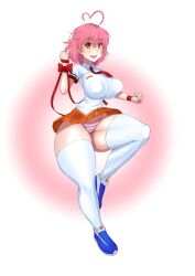 Rule 34 | 1girl, absurdres, ahoge, aino heart, alternate breast size, arcana heart, arm up, breasts, brown eyes, cameltoe, cleft of venus, clenched hand, covered erect nipples, curvy, heart, heart ahoge, highres, large breasts, leg up, legs, looking at viewer, necktie, open mouth, panties, pantyshot, pink hair, puffy nipples, ribbon, school uniform, short hair, skirt, smile, solo, thick thighs, thighs, underwear, wide hips