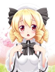 Rule 34 | 1girl, blonde hair, blush, bow, breasts, chestnut mouth, drill hair, hat, highres, looking at viewer, luna child, open mouth, red eyes, reimei (r758120518), short hair, small breasts, solo, touhou, wings