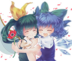 Rule 34 | 2girls, blue dress, blue hair, blush, bow, cherry blossoms, cirno, daiyousei, dress, closed eyes, flower, green hair, hair bow, hug, iris anemone, multiple girls, open mouth, side ponytail, smile, touhou, wings, yousei daisensou