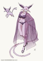 Rule 34 | 1girl, 2023, absurdres, animal ears, apoloniodraws, bikini, breasts, coat, creatures (company), curvy, espeon, feet, full body, furry, furry female, game freak, gen 2 pokemon, glasses, hand on own hip, heels, highres, humanization, jewelry, large breasts, looking down, nintendo, pokemon, purple eyes, ring, see-through, see-through shirt, shoes, swimsuit, tail, transparent, white background