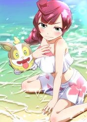Rule 34 | 1girl, :3, absurdres, ahoge, bare shoulders, beach, bikini, bikini skirt, blush, braid, breasts, chloe (pokemon), closed mouth, collarbone, creatures (company), day, embarrassed, fangs, female focus, floral print, game freak, gen 8 pokemon, gradient background, green eyes, hand on own chest, hand up, happy, heart, heart in eye, highres, lens flare, long hair, looking at viewer, negimiso1989, nintendo, open mouth, outdoors, pink hair, pokemon, pokemon (anime), pokemon (creature), pokemon journeys, pokemon swsh031, single braid, sitting, small breasts, smile, solo focus, strapless, strapless bikini, sunlight, swimsuit, symbol in eye, tongue, tongue out, wariza, water, white bikini, yamper