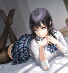 Rule 34 | 1girl, artist name, bed sheet, black hair, black thighhighs, blue bow, blue bowtie, blue skirt, bow, bowtie, breasts, closed mouth, crossed ankles, dutch angle, eyelashes, fingernails, kim eb, large breasts, long fingernails, long hair, long sleeves, looking at viewer, lying, miniskirt, on bed, on stomach, original, own hands together, plaid, plaid skirt, pleated skirt, skirt, solo, thighhighs, zettai ryouiki