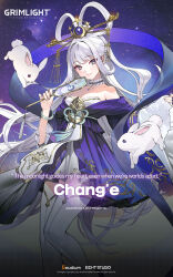 Rule 34 | 1girl, breasts, chang&#039;e (grimlight), chinese clothes, cleavage, commentary, dress, english commentary, english text, grey eyes, grey hair, grimlight, hair ornament, hair rings, hairpin, highres, holding, long hair, medium breasts, official art, purple dress, solo, thighhighs, very long hair, white rabbit (animal), white thighhighs