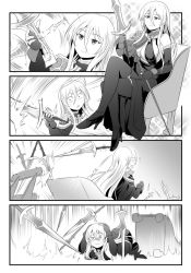 Rule 34 | &gt; &lt;, 1girl, 4koma, azur lane, bismarck (azur lane), bismarck (beacon of the iron blood) (azur lane), black thighhighs, blonde hair, breasts, cane, capelet, cleavage, comic, dress, formal, gloves, greyscale, hair between eyes, large breasts, long hair, military, monochrome, official alternate costume, silent comic, solo, steed (steed enterprise), sword, thighhighs, weapon