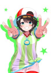 Rule 34 | 1girl, :d, absurdres, backwards hat, baseball cap, blue eyes, blush, brown hair, commentary, cowboy shot, double v, grin, hat, highres, hololive, looking at viewer, loose clothes, loose shirt, oozora subaru, oozora subaru (1st costume), open mouth, oversized clothes, oversized shirt, red hat, shibakame, shirt, short hair, short sleeves, shorts, smile, solo, stopwatch, striped clothes, striped shirt, sweatband, swept bangs, t-shirt, tied shirt, two-tone headwear, two-tone shirt, v, vertical-striped clothes, vertical-striped shirt, virtual youtuber, watch, white hat, white shirt, white shorts, wristband, yellow shirt