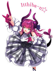 Rule 34 | 1girl, asymmetrical horns, blue eyes, bow, curled horns, detached sleeves, dragon girl, dragon horns, dragon tail, dress, elizabeth bathory (fate), elizabeth bathory (fate/extra ccc), elizabeth bathory (second ascension) (fate), fate/extra, fate/extra ccc, fate/grand order, fate (series), finger cots, flat chest, highres, holding, holding microphone, horns, idol, layered dress, long hair, microphone, pink hair, plaid, plaid dress, pointy ears, shima-shuu, solo, tail, tail bow, tail ornament, uneven horns