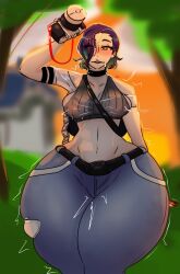 Rule 34 | 1girl, absurdres, artist request, bare shoulders, between breasts, black choker, blue hair, bob cut, breasts, brown eyes, camera, choker, collarbone, creatures (company), crop top, denim, forest, game freak, gluteal fold, gradient hair, grey shirt, highres, holding, holding camera, jeans, large breasts, loose hair strand, midriff, multicolored hair, nature, navel, nintendo, pants, perrin (pokemon), plump, pokemon, pokemon sv, ribbed shirt, saliva, shirt, sleeveless, sleeveless shirt, smile, solo, standing, strap between breasts, tree, undershirt, v-neck, v-shaped eyebrows, wide hips