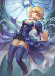 Rule 34 | 1girl, absurdres, adapted costume, alternate costume, argyle, argyle clothes, argyle cutout, arm belt, artoria pendragon (all), artoria pendragon (fate), blonde hair, blue dress, blue gloves, blue ribbon, blue thighhighs, breasts, choker, cleavage, clothing cutout, criss-cross halter, dress, eyebrows, fate/stay night, fate (series), floating hair, gloves, hair between eyes, hair ribbon, halterneck, highres, indoors, looking at viewer, mafuyu (867208837), puffy sleeves, ribbon, saber (fate), saber alter, shade, single glove, solo, thighhighs, torn ribbon, yellow eyes