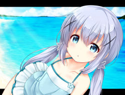 Rule 34 | 1girl, aoi kanan, bare shoulders, blue eyes, blue hair, blue one-piece swimsuit, blue sky, blush, casual one-piece swimsuit, chestnut mouth, cloud, cloudy sky, collarbone, commentary request, day, flower, frilled swimsuit, frills, gochuumon wa usagi desu ka?, hair between eyes, hair ornament, halterneck, horizon, kafuu chino, letterboxed, long hair, looking at viewer, low twintails, ocean, one-piece swimsuit, outdoors, parted lips, sidelocks, sky, solo, star (symbol), star hair ornament, swimsuit, tareme, twintails