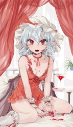Rule 34 | 1girl, babydoll, bare shoulders, bat wings, blood, blood on face, blue hair, breasts, choker, commentary request, cup, drinking glass, fingernails, geppewi, hat, hat ribbon, highres, indoors, light blue hair, long fingernails, long hair, looking at viewer, mob cap, nail polish, on bed, open mouth, plant, pointy ears, potted plant, red eyes, red nails, red ribbon, remilia scarlet, ribbon, ribbon choker, sitting, small breasts, solo, table, touhou, wariza, white hat, wings, wrist cuffs