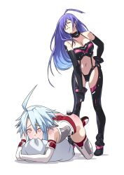 Rule 34 | 2girls, ahoge, black thighhighs, blue hair, blush, breasts, cleavage, commission, dominatrix, elbow gloves, full body, gloves, heart, heart-shaped pupils, highres, iris heart, kami jigen game neptune v, large breasts, long hair, looking at viewer, masochism, multiple girls, navel, neptune (series), power symbol, power symbol-shaped pupils, purple hair, red eyes, short hair with long locks, small breasts, smile, spanked, spanking, symbol-shaped pupils, thighhighs, whip, whip marks, whipping, white heart (neptunia)