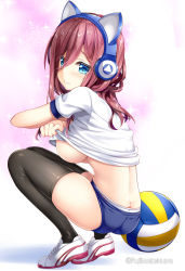 Rule 34 | 1girl, animal ear headphones, animal ears, areola slip, ass, ball, black thighhighs, blue buruma, blue eyes, blush, breasts, brown hair, buruma, butt crack, cat ear headphones, cat ears, closed mouth, clothes lift, commentary request, fake animal ears, from side, fujima takuya, full body, go-toubun no hanayome, gym shirt, gym uniform, headphones, large breasts, lifting own clothes, long hair, looking at viewer, looking to the side, nakano miku, panties, panties under buruma, shirt, shirt lift, shoes, short sleeves, smile, sneakers, solo, squatting, thighhighs, underboob, underwear, volleyball (object), white footwear, white panties, white shirt