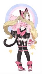 Rule 34 | 1girl, animal ear headphones, animal ears, animal hands, back cutout, black thighhighs, blonde hair, blue eyes, cat ear headphones, cat ears, cat girl, cat paws, cat tail, clothing cutout, fake animal ears, female focus, from behind, full body, gloves, gwayo, headphones, highres, long hair, looking at viewer, looking back, lucky chloe, namco, paw gloves, simple background, skirt, smile, solo, tail, tekken, tekken 7, thighhighs, twintails, very long hair, white background, zettai ryouiki