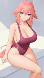 Rule 34 | 1girl, absurdres, animal ears, bare shoulders, blush, breasts, cleavage, collarbone, competition swimsuit, fox ears, genshin impact, highres, large breasts, long hair, looking at viewer, one-piece swimsuit, pink hair, purple eyes, purple one-piece swimsuit, smile, solo, swimsuit, thighs, yae miko, zaphn