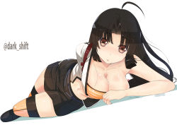 Rule 34 | 10s, 1girl, :o, ahoge, black hair, black skirt, breasts, brown eyes, cleavage, collarbone, female focus, hair intakes, kantai collection, large breasts, llowoll, long hair, looking at viewer, low twintails, lying, miniskirt, navel, on side, open mouth, orange thighhighs, shirt, shoes, shouhou (kancolle), simple background, skirt, solo, thighhighs, twintails, twitter username, very long hair, wet, white background