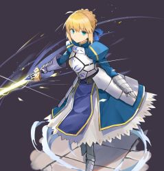 Rule 34 | 1girl, ahoge, armor, armored boots, armored dress, artoria pendragon (all), artoria pendragon (fate), blonde hair, blue dress, blue eyes, blue ribbon, boots, braid, breastplate, dark background, dress, excalibur (fate/stay night), fate/stay night, fate (series), french braid, full body, gauntlets, glowing, glowing sword, glowing weapon, hair ribbon, highres, juliet sleeves, long sleeves, looking at viewer, puffy sleeves, purple background, ribbon, ryou (ponpgo), saber (fate), simple background, smile, solo, standing, sword, weapon