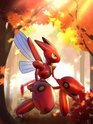 Rule 34 | autumn leaves, blurry, blurry background, bug, colored skin, creatures (company), full body, game freak, gen 2 pokemon, highres, insect wings, nintendo, outdoors, pokemon, pokemon (creature), red skin, redamber334, scizor, standing, wings, yellow eyes