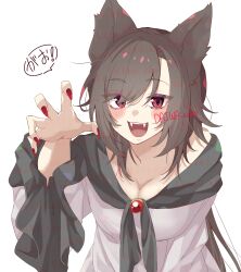 1girl absurdres animal_ears breasts brooch brown_hair cleavage daiwa_uho dress highres imaizumi_kagerou jewelry looking_at_viewer open_mouth red_eyes red_nails simple_background smile solo touhou upper_body white_background wolf_ears wolf_girl