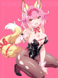 Rule 34 | 1boy, absurdres, animal ear fluff, animal ears, argyle, argyle clothes, argyle cutout, black leotard, black pantyhose, bow, bowtie, breasts, clothing cutout, covered navel, detached collar, dutch angle, fox ears, fox girl, fox tail, highres, large breasts, leotard, open mouth, original, pantyhose, pink background, pink hair, shiny skin, smile, solo, strapless, strapless leotard, tail, text background, wanaca, yellow eyes