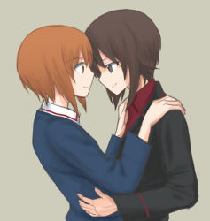 Rule 34 | 10s, 2girls, blush, brown eyes, brown hair, eye contact, girls und panzer, hands on another&#039;s hips, hands on another&#039;s shoulders, imminent kiss, incest, looking at another, multiple girls, mutsu (layergreen), nishizumi maho, nishizumi miho, siblings, sisters, smile, yuri