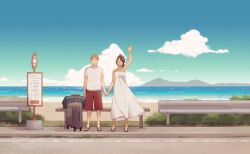 Rule 34 | 1boy, 1girl, bag, bench, brown hair, cloud, commentary, contemporary, couple, dress, duffel bag, english commentary, glasses, hange zoe, hanpetos, hetero, holding hands, moblit berner, mountain, ocean, opaque glasses, open mouth, red shorts, road, rolling suitcase, sandals, shingeki no kyojin, shirt, shorts, sidewalk, sign, sky, smile, suitcase, sundress, t-shirt, waving, white dress, white shirt
