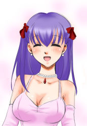 Rule 34 | 00s, 1girl, :d, ^ ^, alternate hairstyle, bare shoulders, blush, bow, breasts, cleavage, closed eyes, dress, earrings, elbow gloves, fate/stay night, fate (series), formal, gem, gloves, gown, hair bow, happy, jewelry, long hair, matou sakura, necklace, official alternate costume, open mouth, pearl (gemstone), pearl necklace, pendant, pink background, pink dress, pink gloves, purple hair, sinko, sketch, smile, solo, taut clothes, taut dress, two side up, upper body