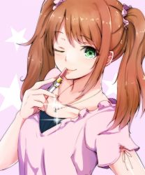 Rule 34 | 10s, 1boy, ;), brown hair, cosmetics, fingernails, green eyes, idolmaster, idolmaster side-m, lips, lipstick, lipstick tube, long hair, looking at viewer, makeup, male focus, mizushima saki, one eye closed, pink background, ryuu., scrunchie, simple background, smile, solo, sparkle, trap, twintails, upper body