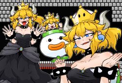 Rule 34 | absurdres, black dress, blonde hair, blue eyes, bonh hmhm, bowsette, bracelet, breasts, cleavage, collar, collarbone, constricted pupils, dress, earrings, fangs, fangs out, half-closed eyes, highres, horns, jewelry, large breasts, looking at viewer, mario (series), medium breasts, new super mario bros. u deluxe, nintendo, open mouth, spiked bracelet, spiked collar, spikes, strapless, strapless dress, super crown, super mario bros. 1, tongue, tongue out, turtle shell