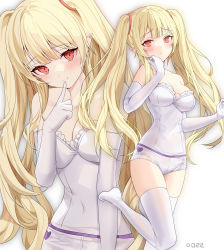 Rule 34 | 1girl, bare shoulders, blonde hair, breasts, commentary request, commission, elbow gloves, finger to mouth, gloves, highres, leg up, long hair, looking at viewer, medium breasts, multiple views, no shoes, original, pixiv commission, pointy ears, red eyes, ronopu, shirt, short shorts, shorts, sidelocks, sleeveless, sleeveless shirt, smile, strapless, strapless shirt, thighhighs, tube top, twintails, very long hair, white gloves, white shirt, white shorts, white thighhighs