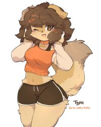 Rule 34 | 1girl, :3, animal ears, animal nose, artist name, black bra, black shorts, blush, blush stickers, body freckles, body fur, bra, bra strap, breasts, brown eyes, brown fur, brown hair, collar, commission, cowboy shot, dog ears, dog girl, dog tail, dolphin shorts, drawstring, fangs, female focus, freckles, furry, furry female, hair ornament, hairclip, happy, highres, ko-fi username, long sleeves, looking at viewer, matching hair/eyes, medium breasts, midriff, mole, mole under mouth, multicolored fur, navel, open mouth, orange shirt, original, raglan sleeves, raised eyebrows, shirt, short hair, short shorts, shorts, side slit, signature, simple background, smile, solo, standing, stomach, tail, tail raised, teeth, thick thighs, thighs, typh, underwear, watermark, web address, white background, white fur, wide hips