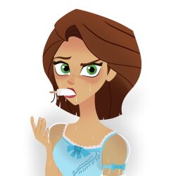 Rule 34 | 1girl, blue dress, bow, brown hair, disney, dress, dripping, food, food in mouth, freckles, green eyes, grey background, hot, lace, lace-trimmed dress, lace trim, looking at viewer, melting, oracle (pixiv 34419145), popsicle, popsicle in mouth, raised eyebrow, rapunzel, see-through, see-through sleeves, short hair, simple background, sleeve bow, sweat, tan, tangled, toon (style), upper body