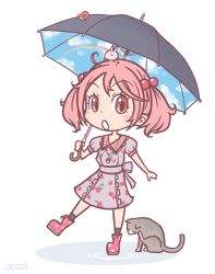 Rule 34 | 10s, 1girl, alternate costume, cat, food print, hair bobbles, hair ornament, holding, holding umbrella, jewelry, kantai collection, lavender dress, necklace, open mouth, pink eyes, pink hair, pori (poritan81), puffy short sleeves, puffy sleeves, sazanami (kancolle), short hair, short sleeves, snail, solo, strawberry print, twintails, twitter username, umbrella, white background