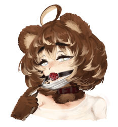 Rule 34 | 1girl, ahoge, animal ears, animal hands, ball gag, barb-tan, barbariank, bear ears, belt collar, blonde hair, blush, brown hair, claws, collar, commentary, english commentary, gag, gagged, grey eyes, hair between eyes, heart, heart-shaped pupils, looking at viewer, mask, mask pull, mouth mask, multicolored hair, off shoulder, original, portrait, saliva, saliva trail, shirt, short hair, simple background, solo, surgical mask, symbol-shaped pupils, two-tone hair, white background, white shirt, wiffle gag
